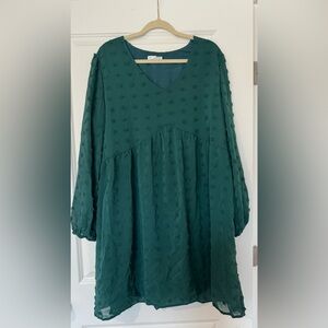 Swiss Dot Green Textured Long Sleeve Dress